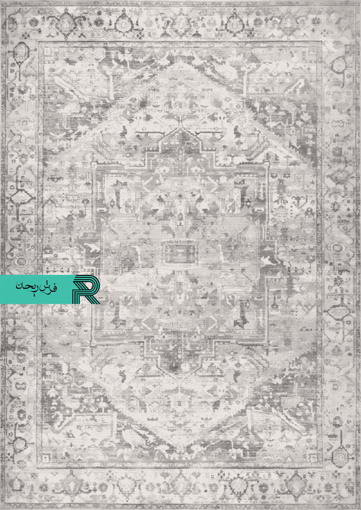 فرش کهنه نما زمینه طوسی طرح وینتیج نقره ای
