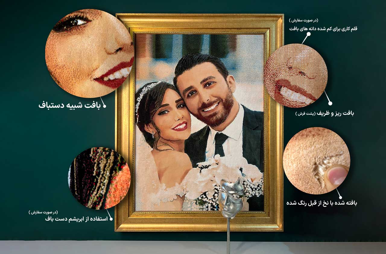 نمای نزدیک بافت تابلوفرش چهره برای بررسی کیفیت عکس و جزئیات بافت