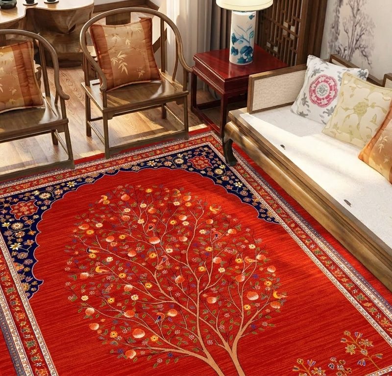 فرش ماشینی طرح انارچین با زمینه لاکی و نقش درخت زندگی و پرندگان، مناسب دکوراسیون سنتی و کلاسیک