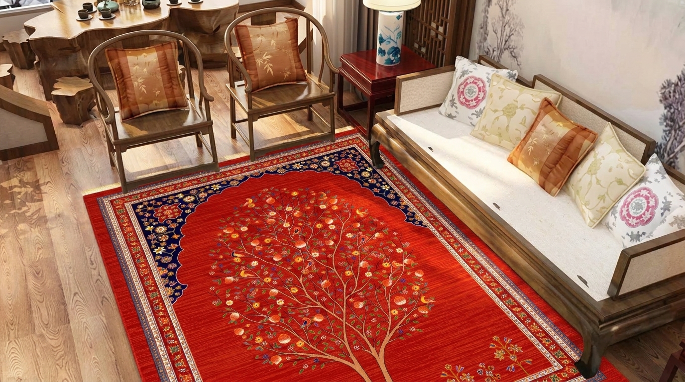 فرش ماشینی طرح انارچین با زمینه لاکی و نقش درخت زندگی و پرندگان، مناسب دکوراسیون سنتی و کلاسیک