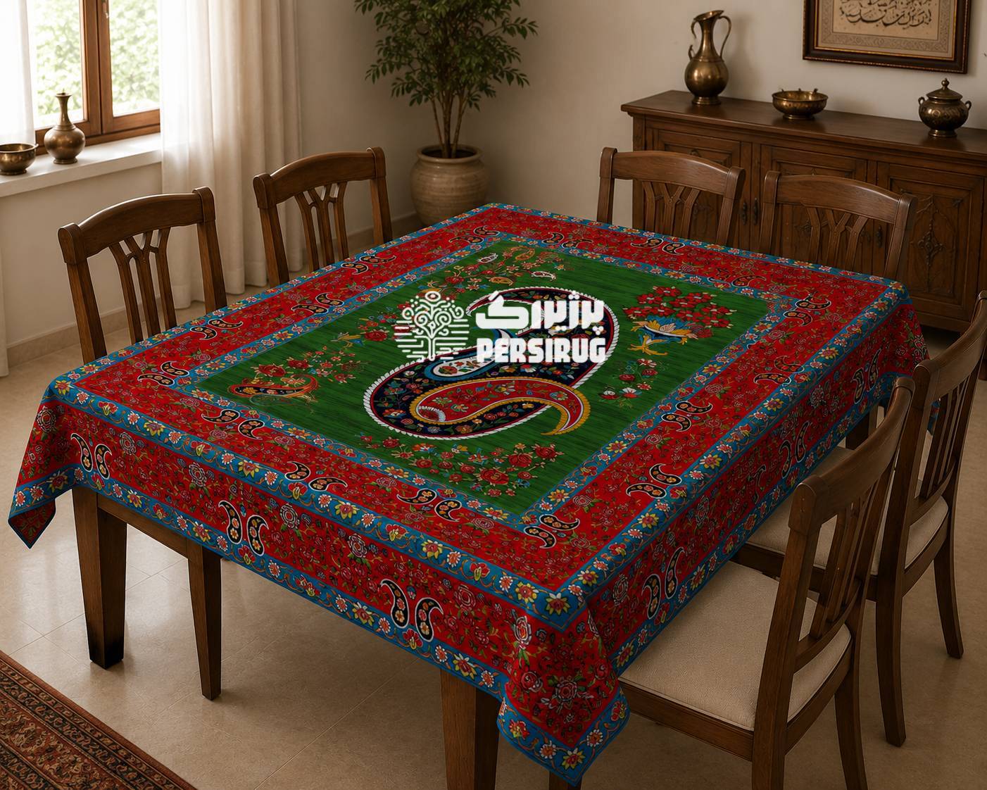 رومیزی سفره روفرشی سنتی ایرانی طرح بته‌جقه با زمینه سبز و حاشیه قرمز و آبی.