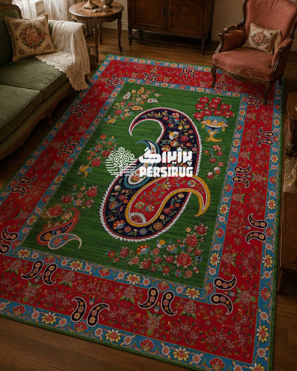 فرشینه سنتی ایرانی طرح بتهجقه با زمینه سبز و حاشیه قرمز و آبی.