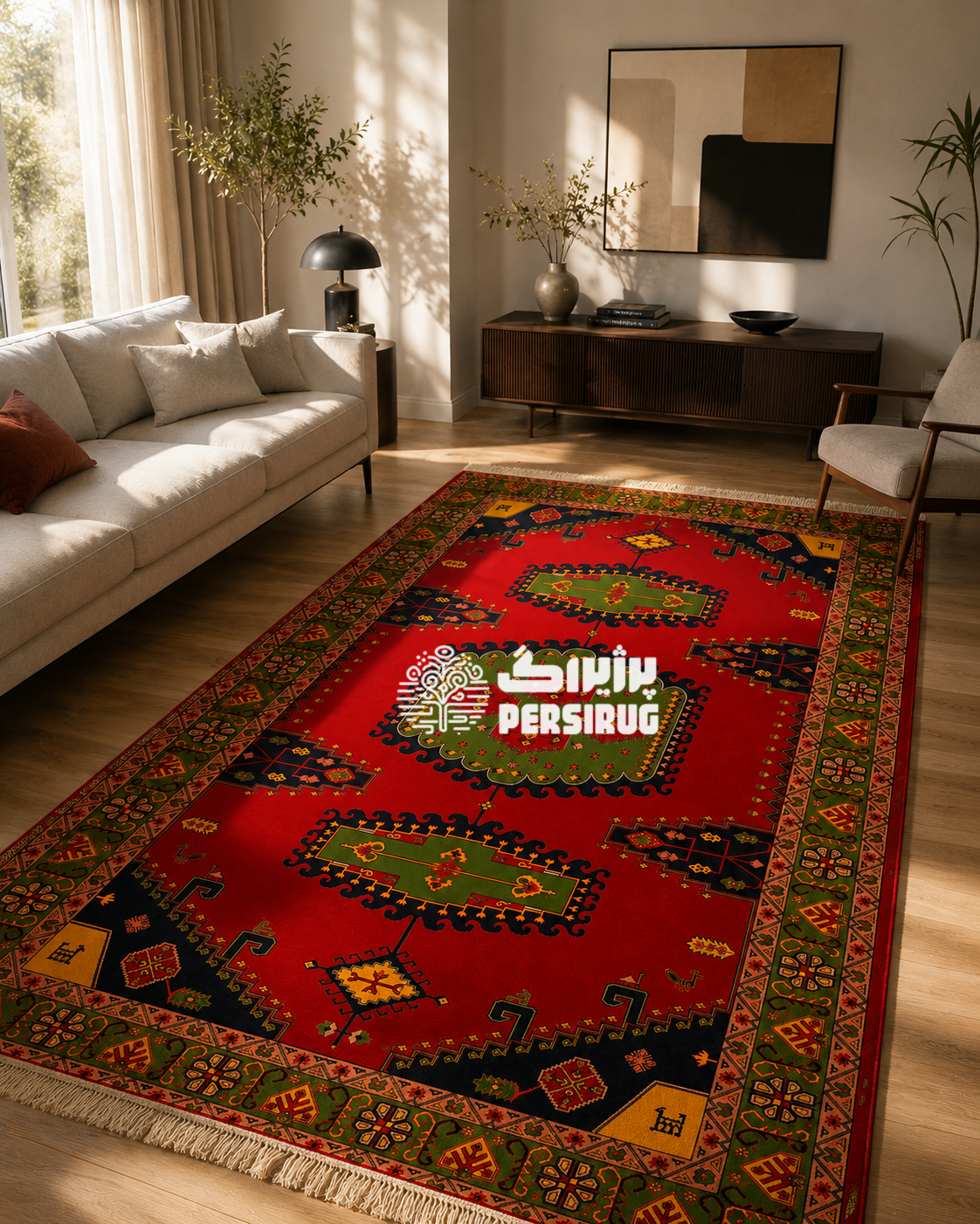 فرش شاهنشین با طرح سنتی ایرانی و ترکیب رنگهای گرم و اصیل