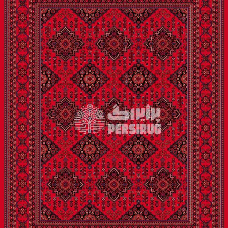 طرح شکوه زرین با نقوش هندسی سنتی ترکمن و رنگ زمینه قرمز لاکی، دارای حاشیه پهن و موتیفهای لوزی شکل تکرار شونده