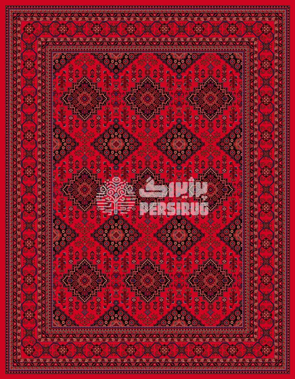 طرح شکوه زرین با نقوش هندسی سنتی ترکمن و رنگ زمینه قرمز لاکی، دارای حاشیه پهن و موتیفهای لوزی شکل تکرار شونده
