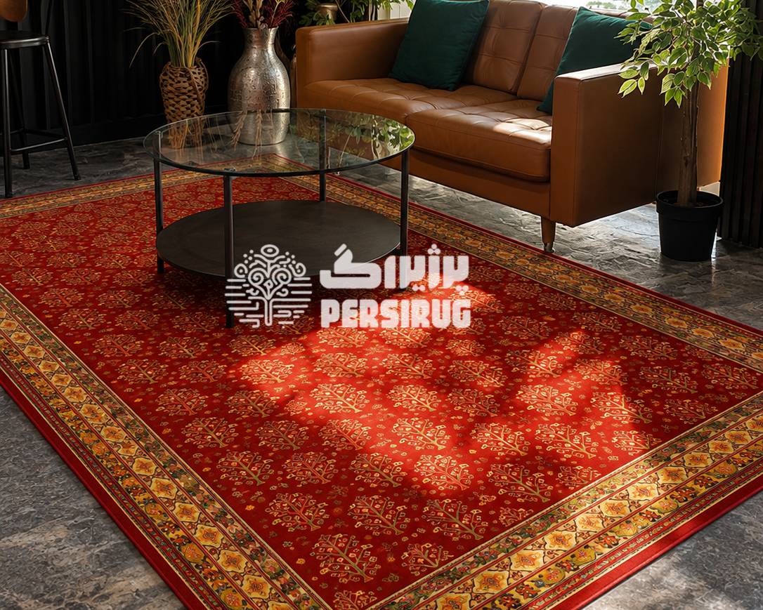 فرشینه شکوه سرخ با طراحی سنتی ایرانی، زمینه قرمز اصیل و حاشیههای ظریف در دکوراسیون شیک