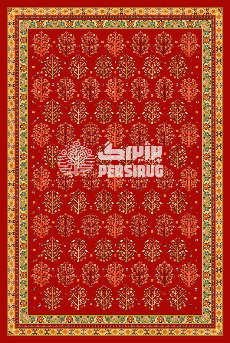 فرش ماشینی شکوه سرخ با طراحی سنتی ایرانی، زمینه قرمز اصیل و حاشیههای ظریف در دکوراسیون شیک
