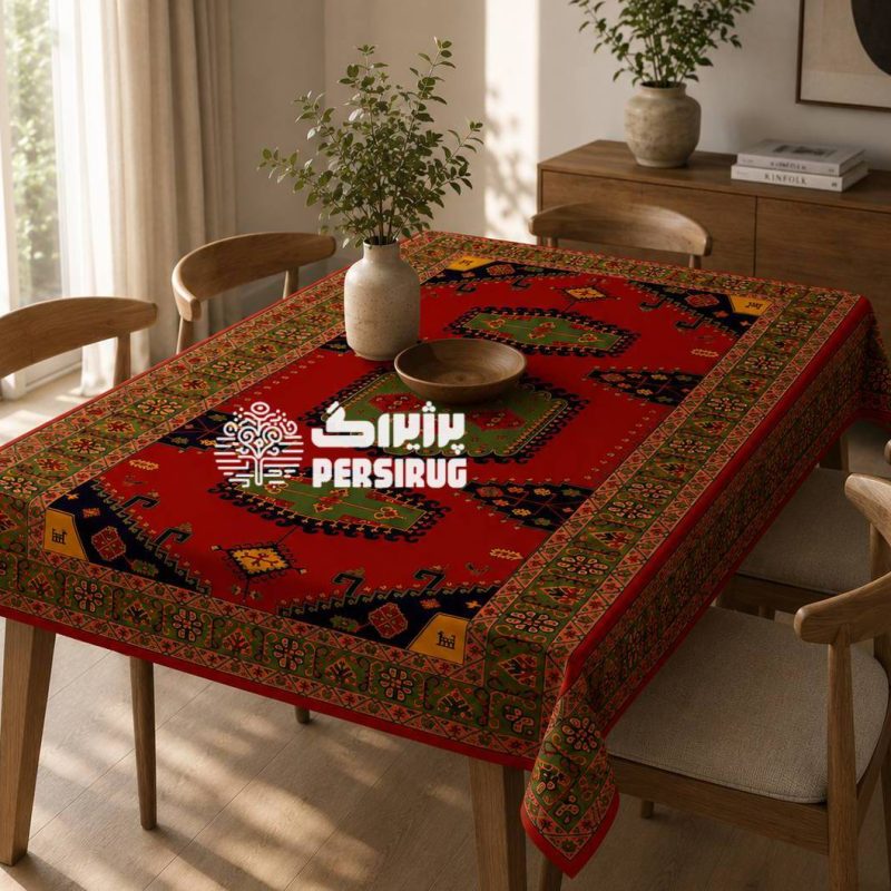 رومیزی ، سفره و روفرشی شاه‌نشین با طرح سنتی ایرانی و ترکیب رنگ‌های گرم و اصیل