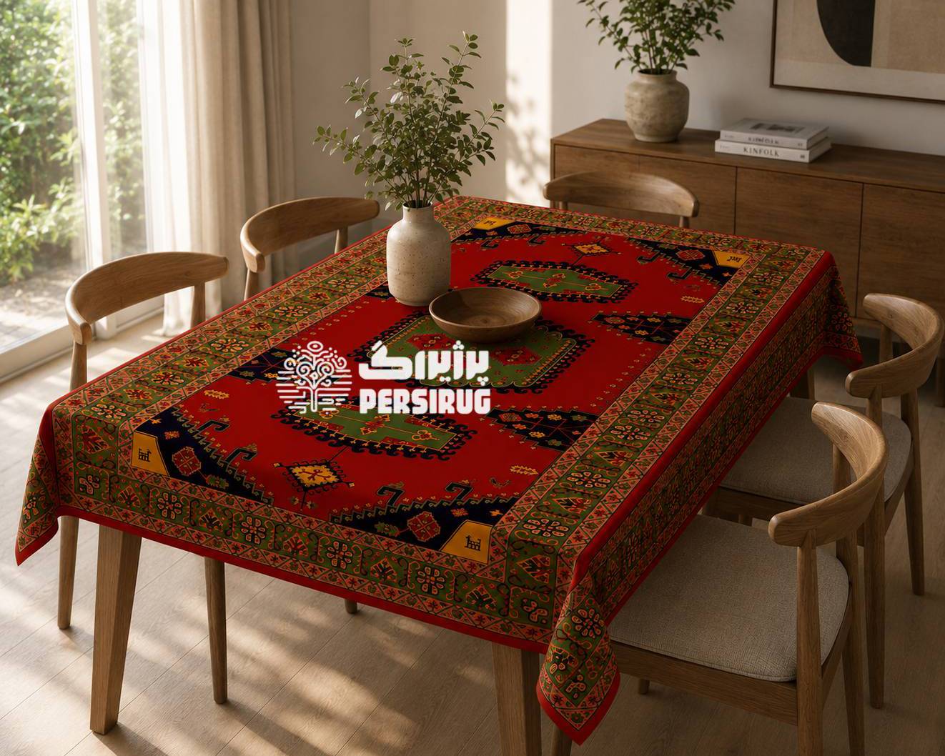 رومیزی ، سفره و روفرشی شاه‌نشین با طرح سنتی ایرانی و ترکیب رنگ‌های گرم و اصیل