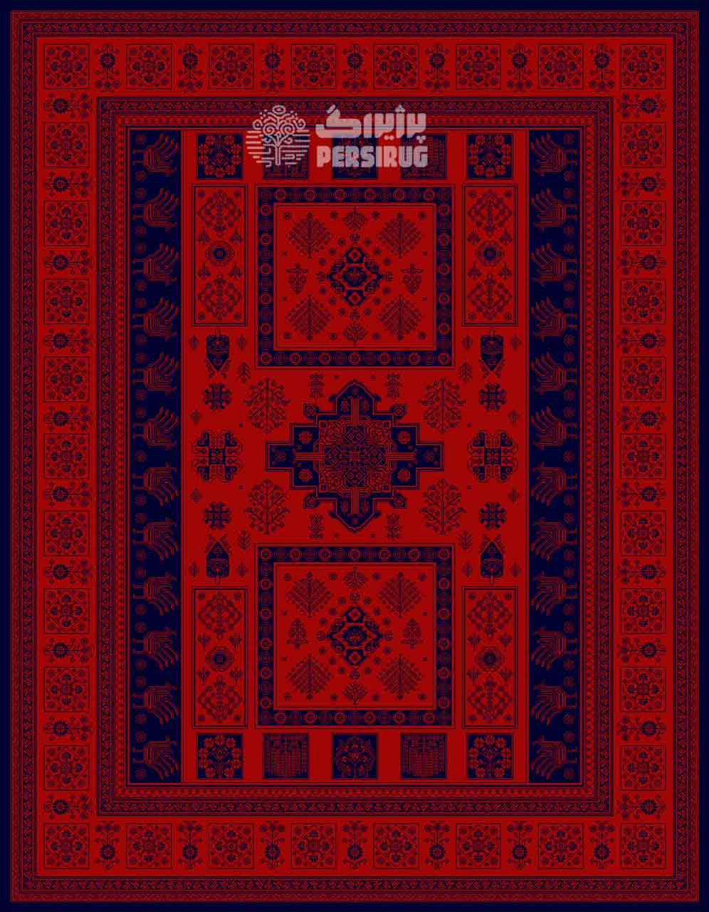 طرح کتیبه سرخ ریحان کارپت با نقش ترنج هندسی و حاشیه سنتی قرمز لاکی و سرمهای