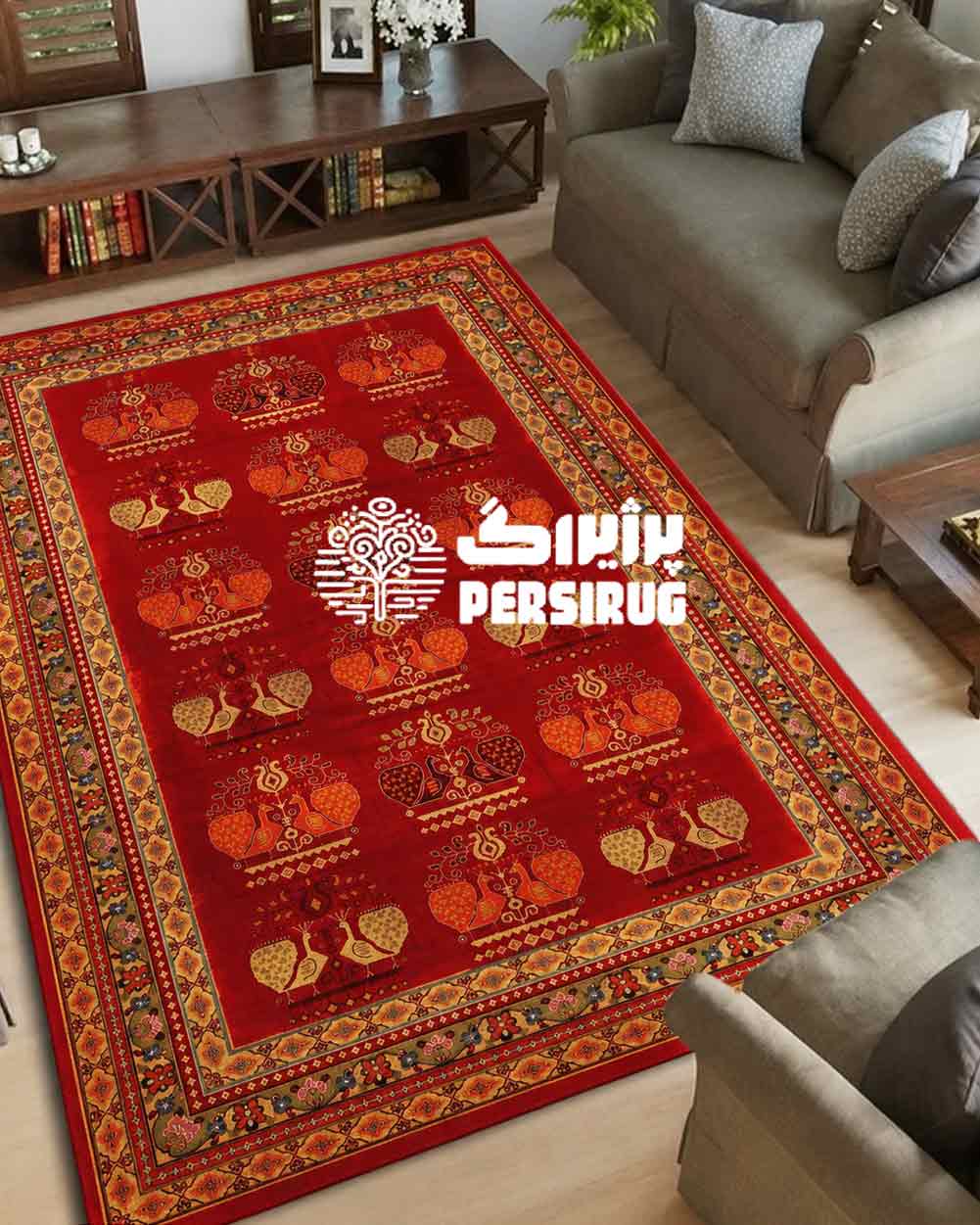 فرشینه ماشینی باغ قمری زمینه لاکی با حاشیه اسلیمی و نقوش پرنده