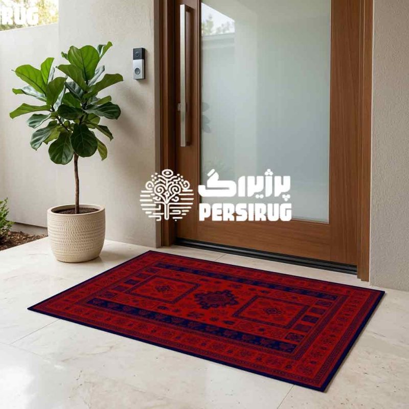 پادری طرح کتیبه سرخ ریحان کارپت با نقش ترنج هندسی و حاشیه سنتی قرمز لاکی و سرمهای