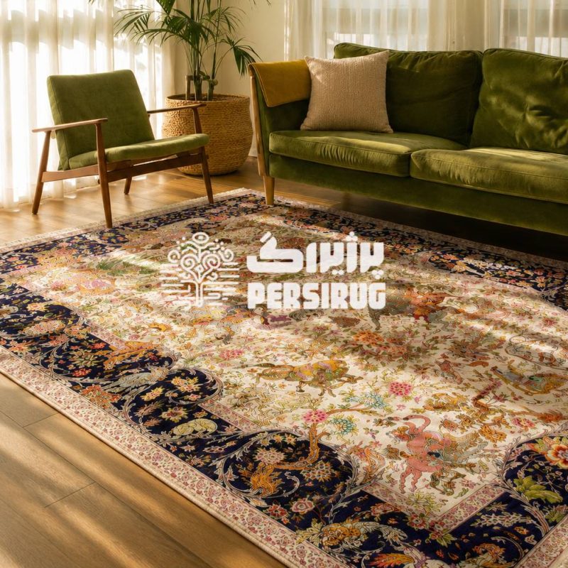 فرش ماشینی شکارگاه سلطنتی با نقوش ظریف گل و پرندگان و ترکیب رنگ سرمه‌ای و کرم، جلوه‌ای اصیل و متفاوت به فضای خانه می‌دهد.