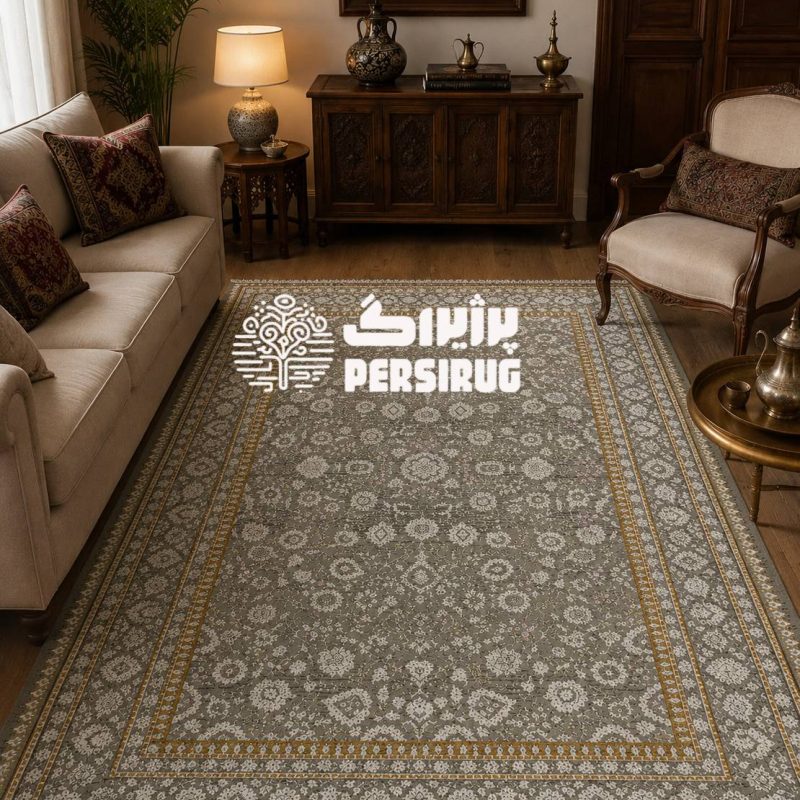 فرش نقره‌نگار؛ طرحی شیک با زمینه طوسی و طرح سنتی، مناسب دکوراسیون‌های مدرن و کلاسیک.