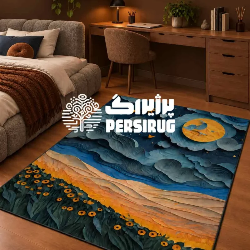 فرش سهبعدی شب طلایی با طرح ماه، آسمان شب و گلهای زرد در اتاق خواب مدرن